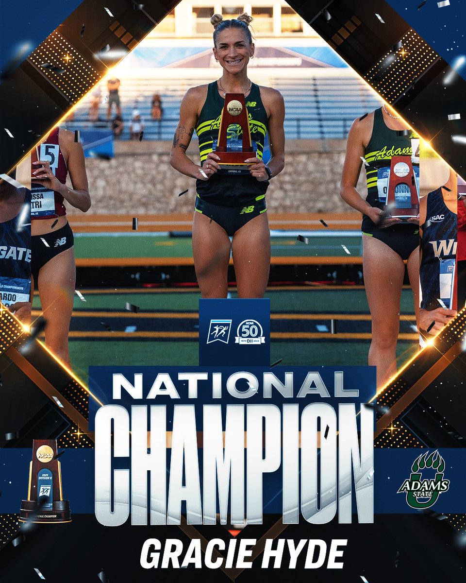 With a time of 9:36.95 Gracie Hyde of <a href="/ASUGrizzlies/">Adams State Grizzlies</a> is your women’s 3000m steeplechase National Champion 🐻 

#MakeItYours | #D2WOTF