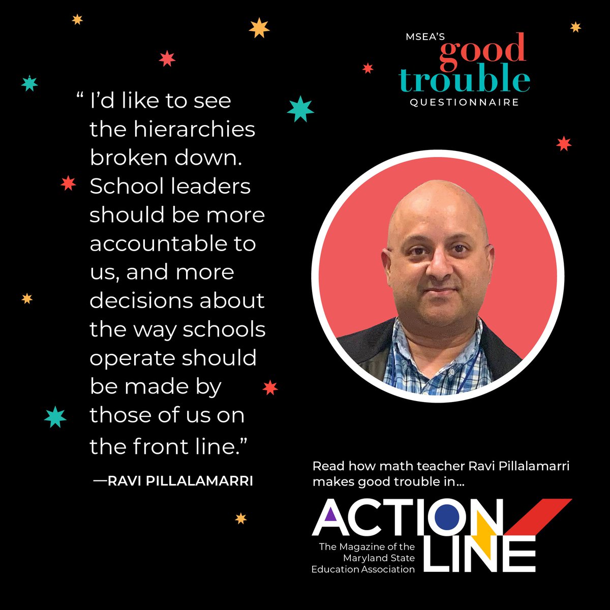 Are you a future rabble rouser, quietly listening to Public Enemy and Gang Starr after school? Anne Arundel math teacher Ravi Pillalamarri has been making good trouble at events that support student success. Meet Ravi in the latest issue of ActionLine: marylandeducators.org/the-good-troub….