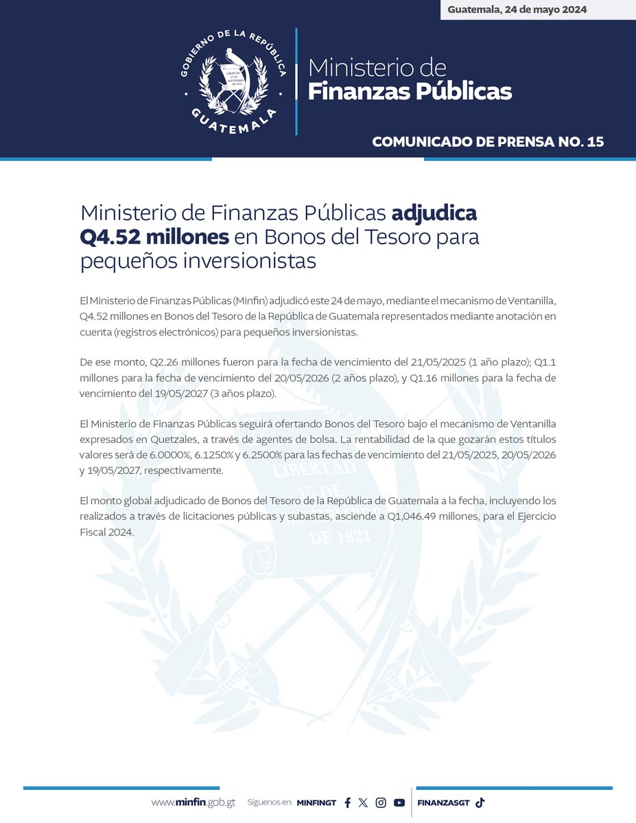 #MinfinSaleAdelante | El Ministerio de Finanzas Públicas da a conocer los resultados del evento de colocación de Bonos del Tesoro para pequeños inversionistas. #GuatemalaSaleAdelante @jmenkos @BArevalodeLeon @GuatemalaGob