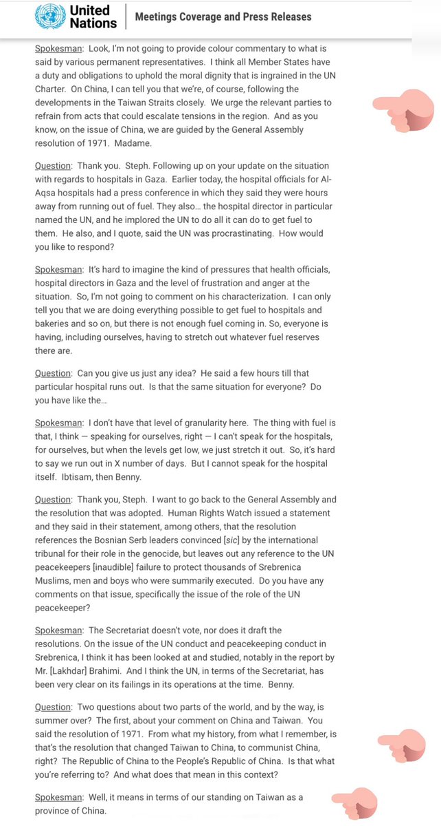 This 🇨🇳 “journalist” has completely distorted what UN spokesperson Stéphane Dujarric said… Dujarric said “Well, it means in terms of our standing on Taiwan as a province of China.” He was referring to UN’s standing on the issue of “Taiwan as a province of China”; he didn’t say