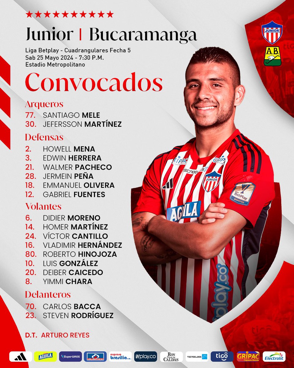 🔥🦈 ¡CONVOCADOS! Estos son los 1️⃣8️⃣ convocados para enfrentar a Atlético Bucaramanga. #VamosJunior🔴⚪️🔵