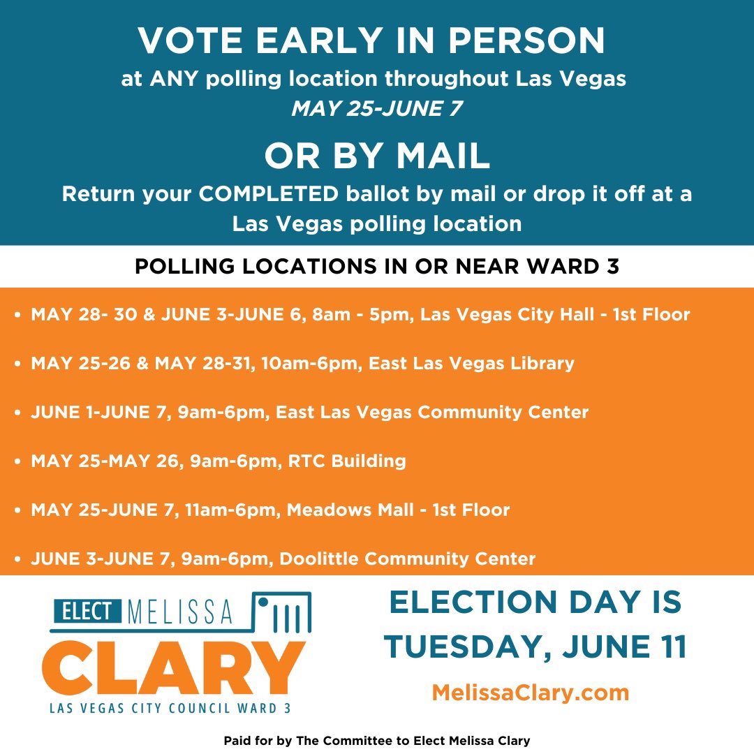 Tomorrow is the day! #EarlyVoting in #LasVegas begins! Here are the locations near or in Ward 3 where you can #vote in person. You can also vote by mail. If you need more information about voting or if you have questions, ask me below ⬇️ #ClaryForCouncil #CLVWard3 🗳️