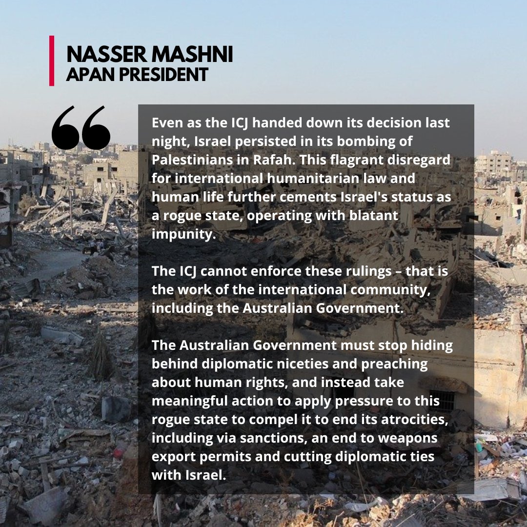 APAN demands that the Australian Government takes decisive action to enforce the International Court of Justice’s order for Israel to cease its offensive in Rafah and end its genocide in Gaza. Read more - apan.org.au/media_release/… #auspol #freepalestine #endthegenocide