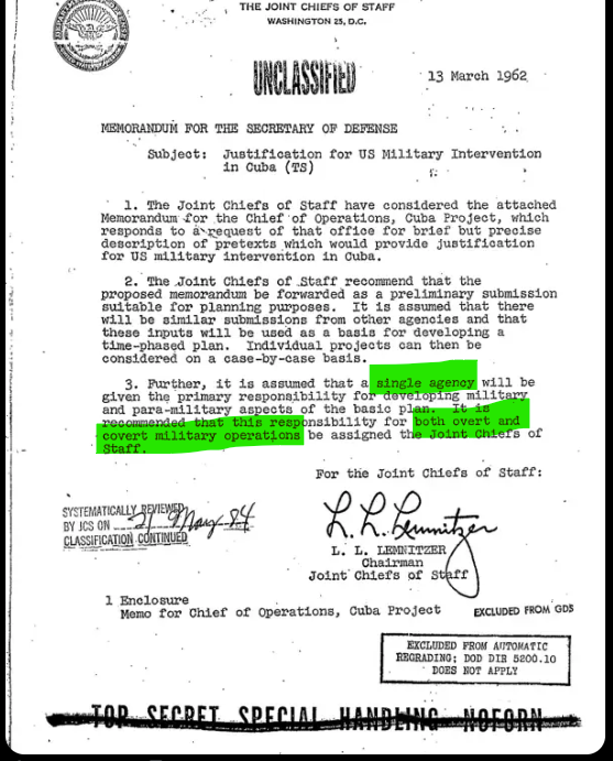 truthscant's tweet photo. Photo of Page 1 Northwoods Memorandum for the U.S. Secretary of Defense (March 13, 1962) https://t.co/0Ghix02OTx