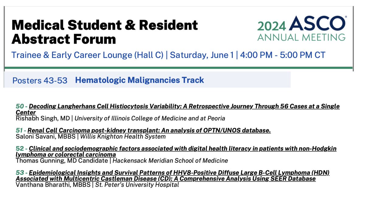 Thrilled to present my first-ever poster at #ACSO2024! Histiocytic disorders have always fascinated me, and I'm excited to share our institutional data on Langerhans cell histiocytosis! @ASCO @ASCOTECAG #IMG @hemeoncfellow @JCO_ASCO #MedTwitter #HemeOnc @UICOMPeoria