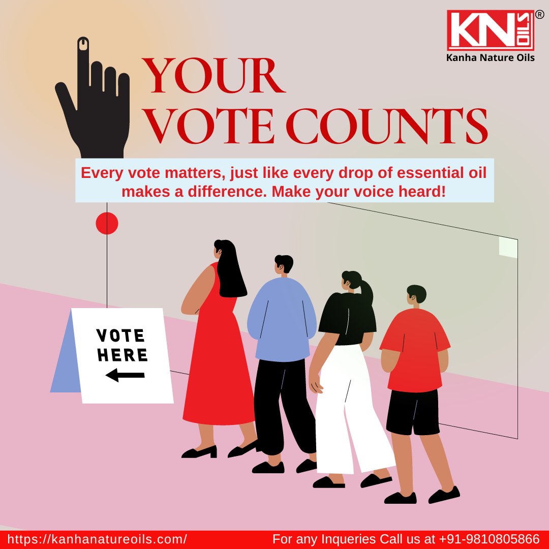 👍 Your vote matters!

✔️ Join us in shaping the future by voting on May 25. Make your voice heard and be a part of the change!

#kanhanatureoils #kno #essentialoils #Elections2024 #DemocracyInAction #YourVoteCounts #proudindians #right