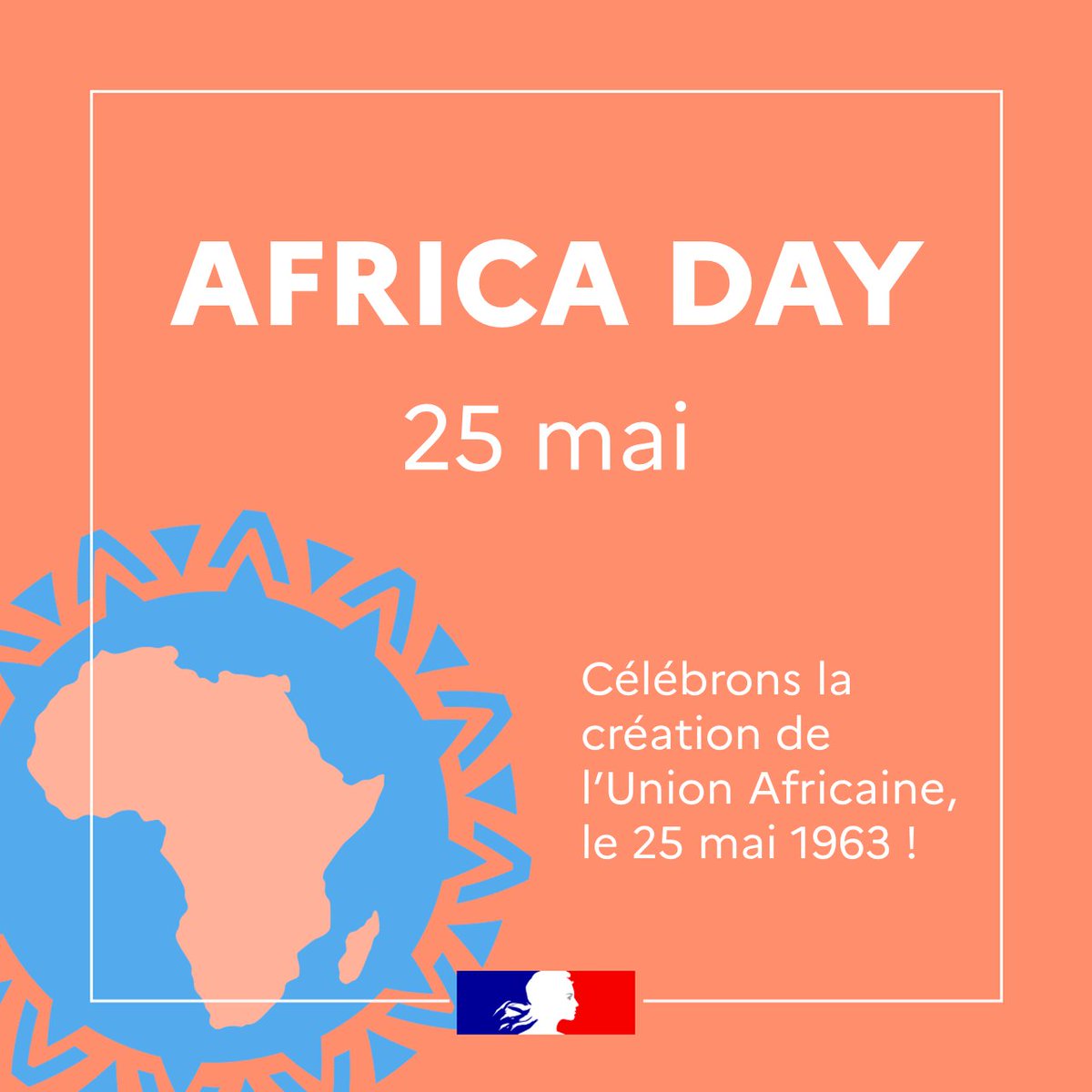 La France 🇫🇷 adresse ses meilleurs vœux à l'@_AfricanUnion et à ses États membres à l'occasion du 61ème anniversaire de la création de l’OUA, devenue UA. Nous soutenons pleinement son projet d’intégration et partageons son ambition de paix et de prospérité. #AfricaDay