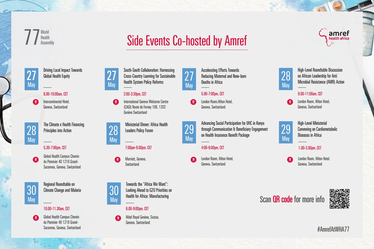 We wish safe travels to those heading to Geneva for the #WHA77 and look forward to hosting many of you next week in our diverse and rich sessions.

Stay updated! 

Click on the link for a comprehensive list of #AmrefAtWHA77 side events.

🔗 newsroom.amref.org/the-seventy-se…