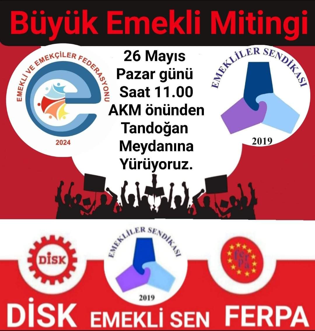 DİSK Emekli-Sen (@emeklisen) on Twitter photo DİSK Emekli-Sen olarak,EYT (Emeklilikte Yaşa Takılanlar) mücadelesinde omuz omuza olduğumuz,Emekli ve Emekçiler Federasyonuyla #BüyükEmekliMitingi için,26 Mayıs Pazar,11.00'da,AKM Önünde buluşup aynı kortejde yan yana,omuz omuza Tandoğan Emek Meydanına yürüyeceğiz!
<a href="/KalenderFikri/">Fikri Kalender</a> DİSK Emekli-Sen olarak,EYT (Emeklilikte Yaşa Takılanlar) mücadelesinde omuz omuza olduğumuz,Emekli ve Emekçiler Federasyonuyla #BüyükEmekliMitingi için,26 Mayıs Pazar,11.00'da,AKM Önünde buluşup aynı kortejde yan yana,omuz omuza Tandoğan Emek Meydanına yürüyeceğiz!
<a href="/KalenderFikri/">Fikri Kalender</a>