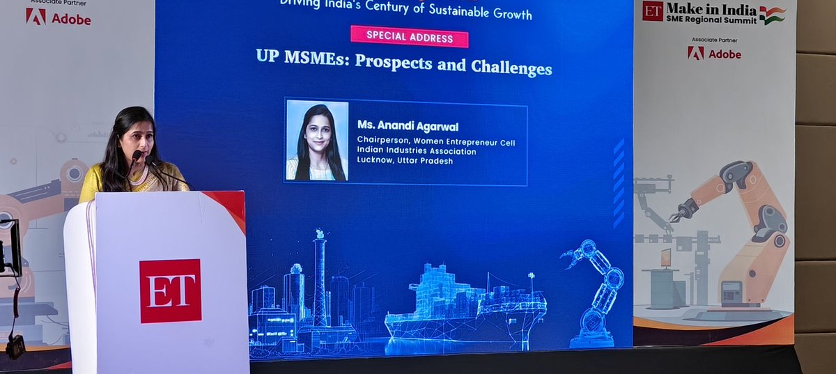 UP MSMEs are known for their traditional enterprises and modern crafts. UP has taken a significant step in ease of doing business: Anandi Agarwal, Chairperson, Women Entrepreneur Cell, @iiaonline,' at #ETSMESummits in #Lucknow @IasAlok @upmsme @UPGovt @UP_ODOP @Adobe