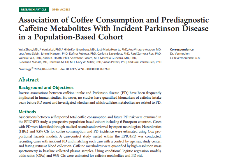 1日2～3杯のコーヒーを飲む人は、飲まない人に比べてパーキンソン病（PD）のリスクが低いことを示す論文。184,024人のデータを調査した結果、コーヒーを飲む人はPDのリスクが低く、コーヒーに含まれる抗酸化物質らが認知機能の低下や神経変性疾患から保護する役割を果たしている可能性が示唆された。