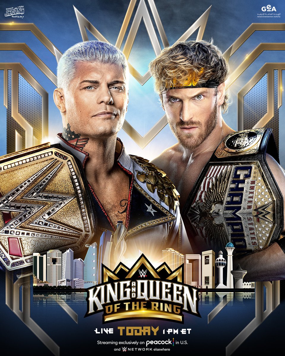 WWE Undisputed Champion @CodyRhodes clashes with #USChampion @LoganPaul TODAY at #WWEKingAndQueen! 

1PM ET/10AM PT
Streaming exclusively on @peacock in U.S. and @WWENetwork everywhere else.

🦚 pck.tv/3bqfYSq
🌍 WWENetwork.com