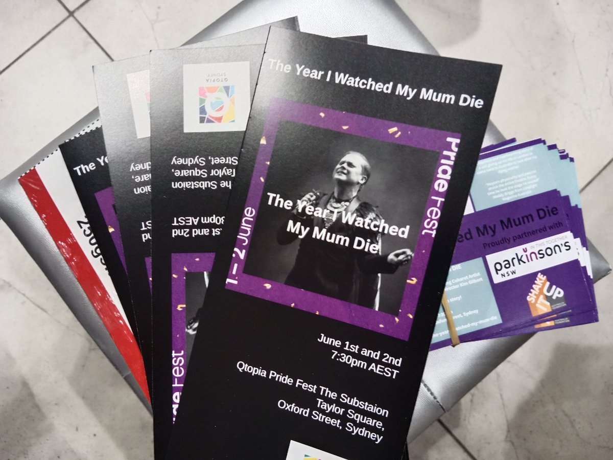 Programs and flyers arrived today for my #cabaret show 
THE YEAR I WATCHED MY MUM DIE 
1st and 2nd of June 2024
7:30pm AEST 
<a href="/QtopiaSydney/">QtopiaSydney</a> Substation Taylor Square Sydney 
For #pridefest 
Book your tickets now events.humanitix.com/the-year-i-wat…
Partnered with <a href="/ParkinsonsNSW/">ParkinsonsNSW</a> 
<a href="/shakeitupaust/">Shake It Up Australia</a>