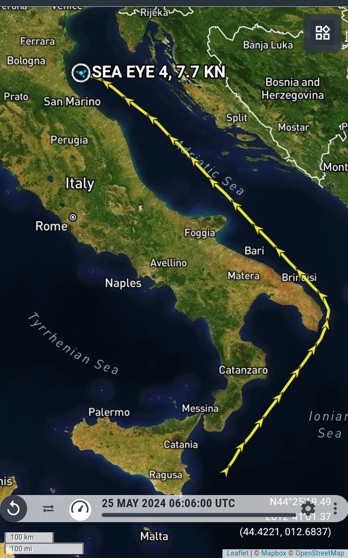 25.04.2024 #SeaEye4 sta arrivando  a Ravenna  con i suoi 52 passeggeri recuperati in mediterraneo in acque sar libiche