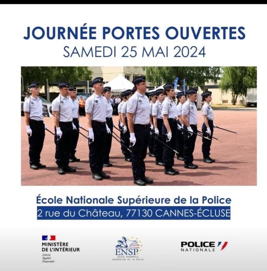 Venez découvrir le métier d’officier de la #PoliceNationale à l’#ENSP de Cannes-Ecluse (77). Des stands et des animations où vous pourrez rencontrer des hommes et des femmes au service des citoyens.👮‍♂️ 👮 🚓 🇫🇷 #PortesOuvertes #CannesEcluse77