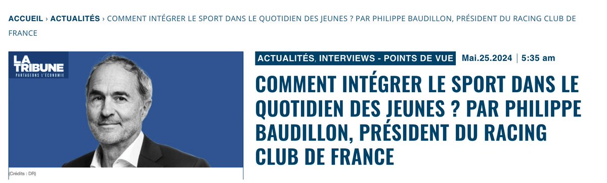 Comment intégrer le sport dans le quotidien des jeunes ? Par @PBaudillon Philippe Baudillon, président du Racing Club de France dans @LaTribune 'Une action collective s'impose pour installer la pratique du sport au cœur du quotidien des jeunes, impliquant non seulement l'école,