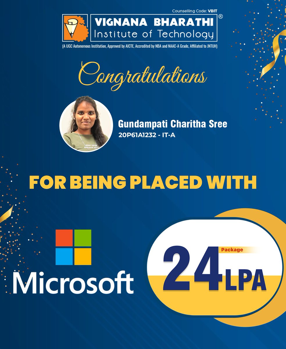 #Congratulations🤝👏to Gundampati Charitha Sree!

Charitha Sree has been placed with Microsoft, earning an impressive #24LPA!Your #Hardwork & #Dedication have paid off, & we wish you continued success in your career.

#VBIT #Placements #PlacementSuccess #VBITPlacements #2024Batch