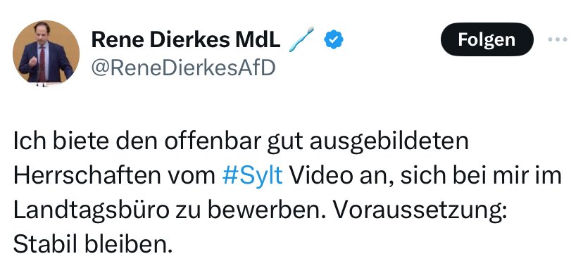 Offener kann jemand seinen Rassismus, Hass und Faschismus nicht ausdrücken.
Und 'sowas' wird gewählt? Der gehört eingesperrt, bestenfalls in die Geschlossene Psychiatrie.
#AfDsindFaschisten
#AfDsindRattenfänger 
#AfDsindVerräter