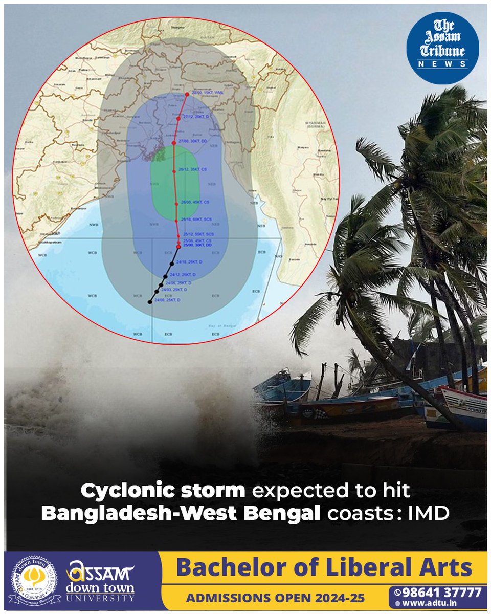 The India Meteorological Department (IMD) announced on Saturday that the “Deep Depression” over the East-central Bay of Bengal is expected to intensify into a cyclonic storm by the evening. Read more: assamtribune.com/national/cyclo… #TheAssamTribune #cyclonicstorm #bayofbengal