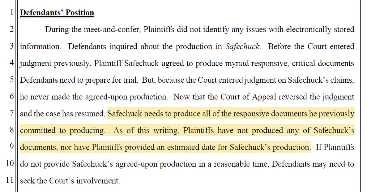 Meanwhile the defense notes the attorneys still 'have not produced any of [James'] documents, nor...provided an estimated date for Safechuck's production.' Suggesting they may need court intervention if the delays become unreasonable—they had to do this for Wade's, previously.