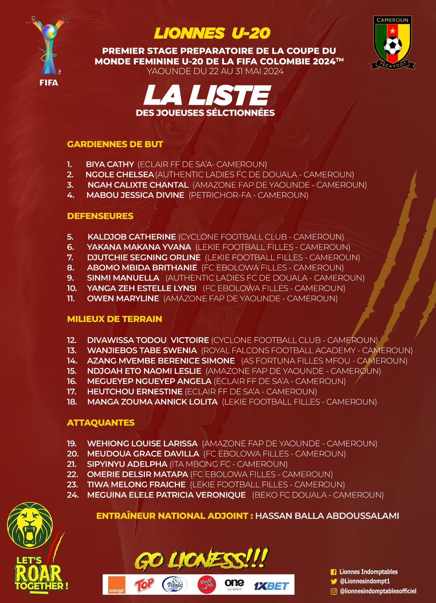 Liste des joueuses retenues pour le premier stage préparatoire Coupe du Monde Féminine U-20 FIFA  Colombie 2024

#U20FIFAWWC2024 | #GOLIONESS | #ALLEZLESLIONNES | #LETSROARTOGETHER | #INDOMPTABLES |