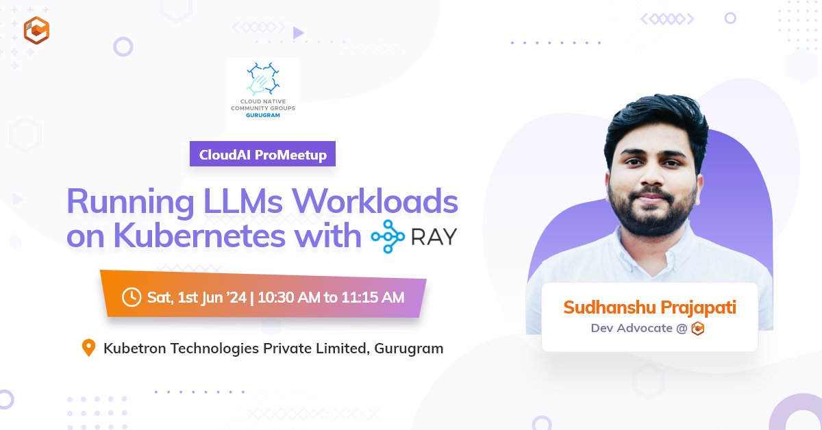 Running LLM workloads at scale could be complex🤯, but Kubernetes & @raydistributed make it easier, efficient & reliable😇 Join @Sudhanshu_456 at #CloudAIProMeetup by @cncf_gurgaon as he shows how to run LLMs workloads on #Kubernetes☸️ RSVP here👇 konfhub.com/cloudaipromeet…