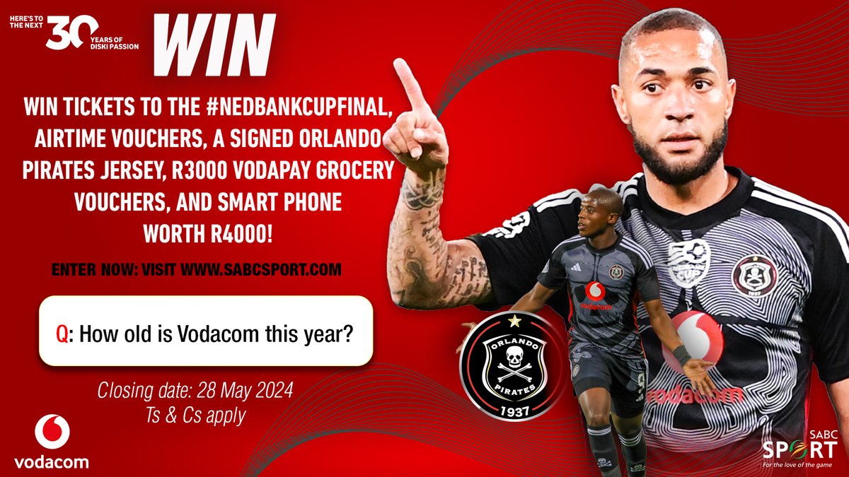 Calling all football fans! Want to win tickets to the #NedbankCup2024 final, a signed Orlando Pirates jersey, and more? 🏆 Head to sabcsport.com now to enter and score amazing prizes! 🙌 Ts & Cs apply. #SABCSportCompetitions