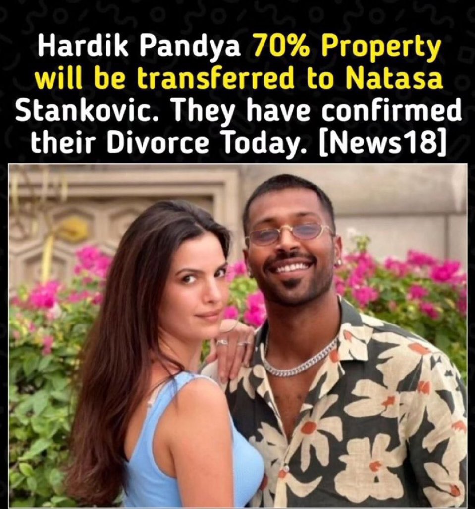 Hardik Pandya And Natasa Stankovic Face Divorce Rumours.. Is it true??? Hardik Pandya and his Model wife Natasa Stankovic have decided to end their Marriage. It is also speculated that as per their agreement #HardikPandya will transfer 70% of his net worth to Natasha.