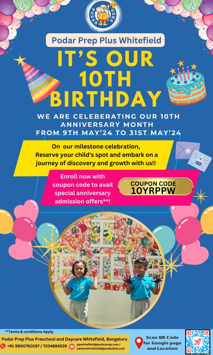 BorewellPjk's tweet photo. Join us in celebrating our 10th anniversary! 
On our Milestone celebration, Secure your child's spot with exclusive admission benefits, Use code given in the  poster. 
Limited Spots available! #10thanniversarycelebration #10thbirthday #PJKWhitefield #podarprep https://t.co/FSjMJjuTb5