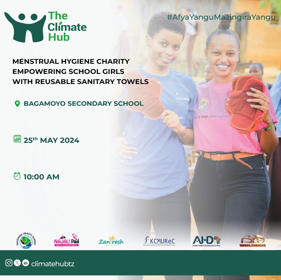 Join us at Bagamoyo Secondary School for the #AfyaYanguMazingiraYangu campaign, celebrating World Menstrual Hygiene Day and advocating for reusable sanitary towels. #CHcommunity