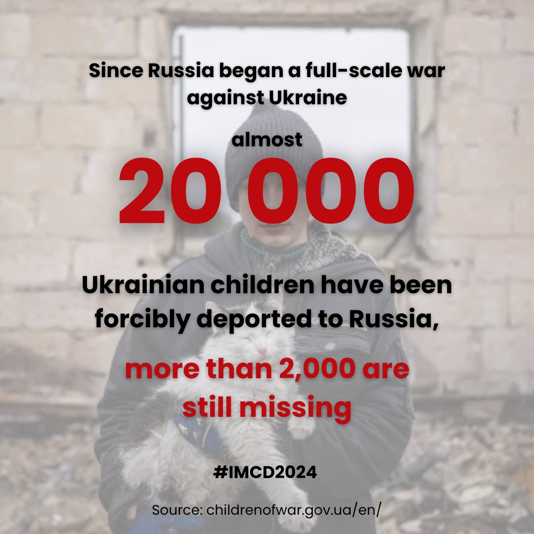 LT_MFA_Stratcom's tweet photo. Since Russia's full-scale war against Ukraine began, almost 20,000 Ukrainian children have been forcibly deported to #Russia, more than 2,000 are still missing. Today is International Missing Children's Day and we remind the world – #RussiaIsaTerroristState. #IMCD2024 https://t.co/LrUO8pbvxq
