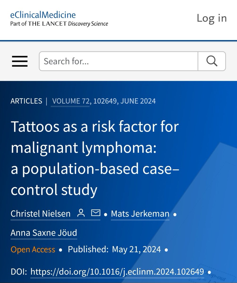 Tattoos as a risk factor for malignant lymphoma: a population-based case–control study 💥According to this epidemiological study, tattoo exposure is associated with an increased risk of lymphoma‼️ (Especially DLBCL and follicular lymphoma) @OncoAlert thelancet.com/journals/eclin…