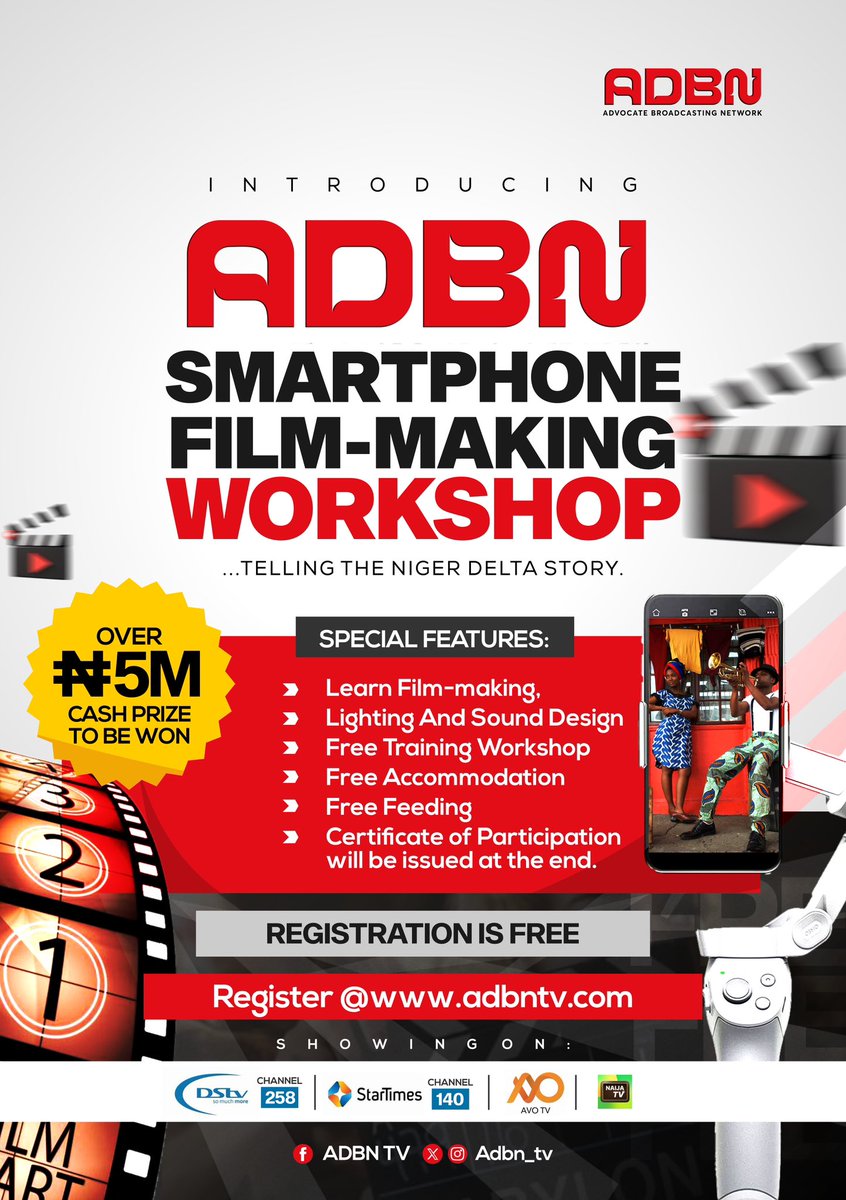 INTRODUCING - ADBN Smartphone Film-Making Workshop! 🎬 

Tell the Niger Delta story with your smartphone and win over ₦5M! 💰 

Free training, accommodation, and meals. Sign up for free now at adbntv.com