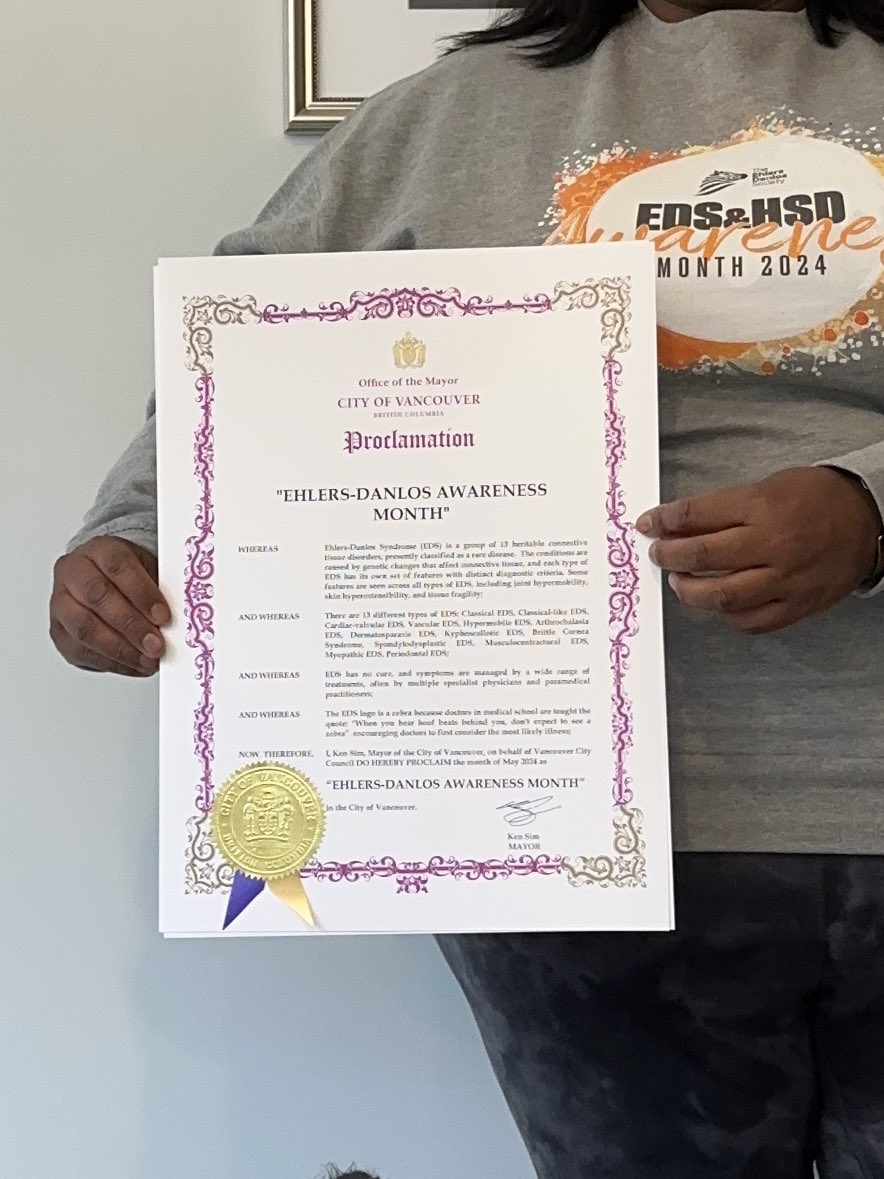 So I got the proclamation from the Mayor’s Office this morning declaring the month of May 2024 as Ehlers-Danlos Awareness Month!! Pretty proud of this! @TheEDSociety @KenSimCity