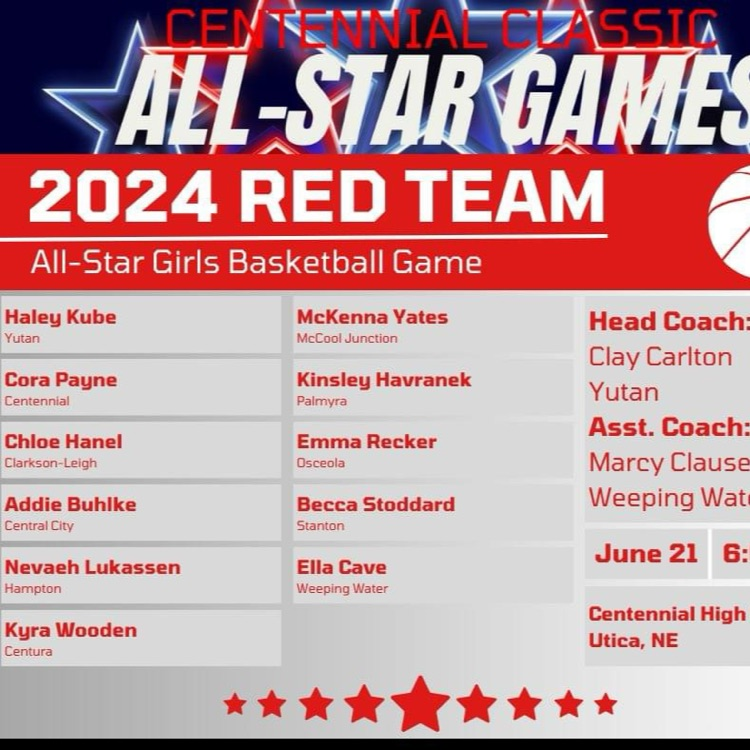 WeepingWaterPS's tweet photo. Congratulations to Coach Clausen and Ella Cave for being selected to participate in the second annual Centennial Classic All-Star Girls Basketball Game! Come out to Centennial High School on June 21st at 6:00 PM to watch some great basketball! #ccallstars #rolltribe https://t.co/wgFBdFdfn5
