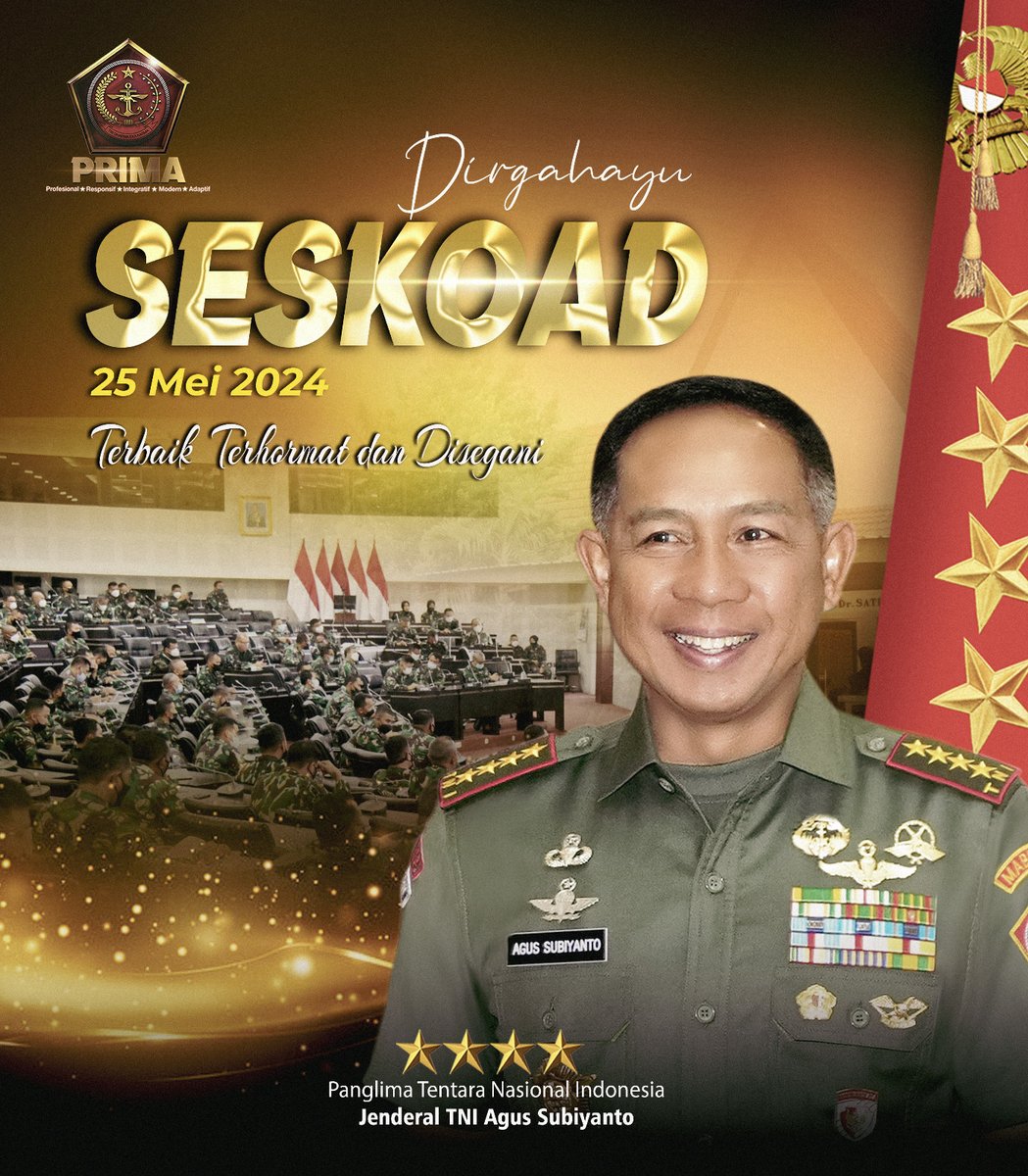 Puspen_TNI's tweet photo. Panglima TNI Jenderal TNI Agus Subiyanto mengucapkan:
Dirgahayu Seskoad
25 Mei 2024
#tni
#panglimatni
#dirgahayu
#seskoad
#tniprima
#profesional
#responsif
#integratif
#modern
#adaptif https://t.co/5vPRWdaRj4