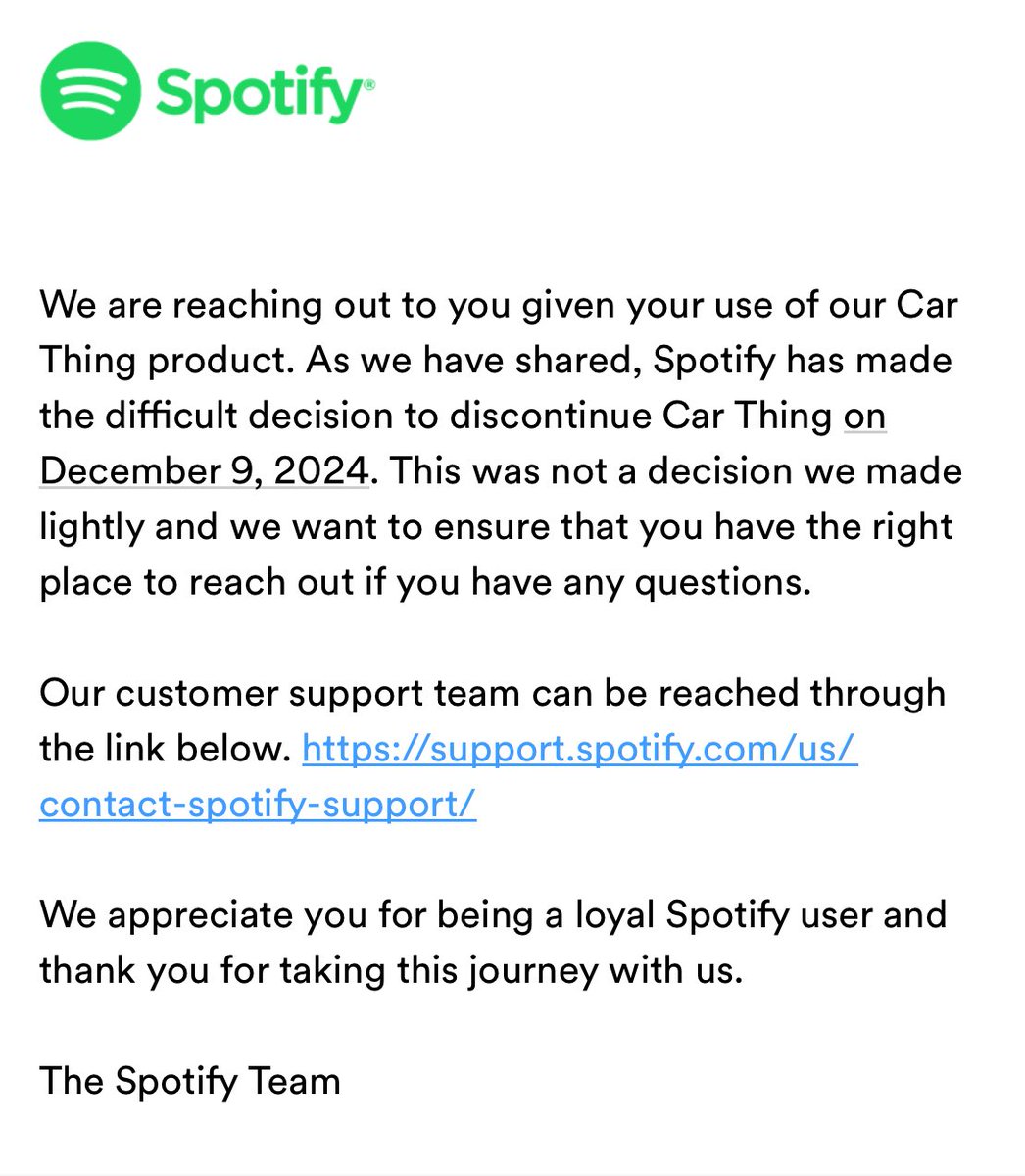 Hey @spotify so the car thing I bought is going to be useless by Christmas that sucks from a loyal Spotify user 😭