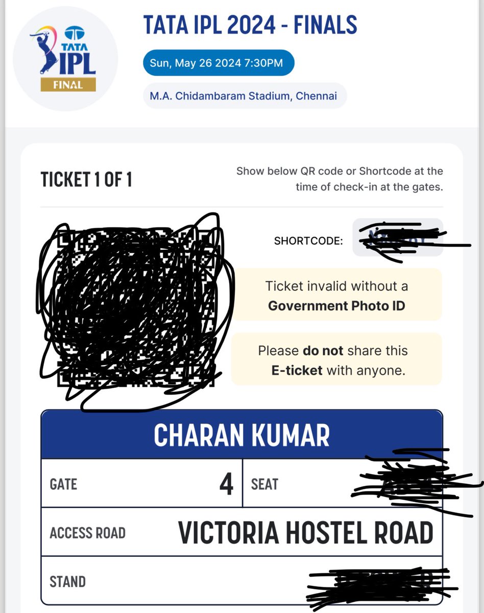 One Ticket available for IPL 2024 Final Match on 26 th May 2024. 

Hand to Hand exchange.

Selling for MRP Price only.

DM for more details.

#iplplayoff #IPLUpdate #srhtickets #kkr #KKR #SRH #IPLinTelugu #IPLDailyQuest #Ticketforsale #Final