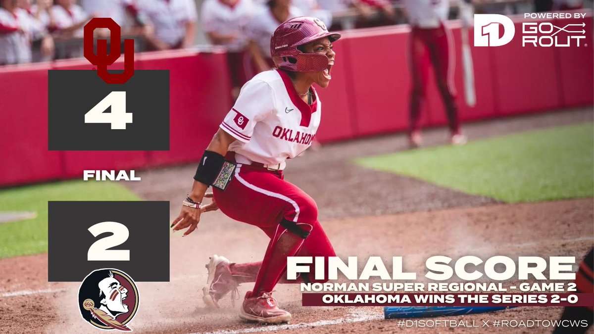 FINAL SCORE: Oklahoma 4, Florida State 2 No. 2 @OU_Softball wins the Norman Super Regional (2-0) and advances to the #WCWS Presented by @Go_Rout