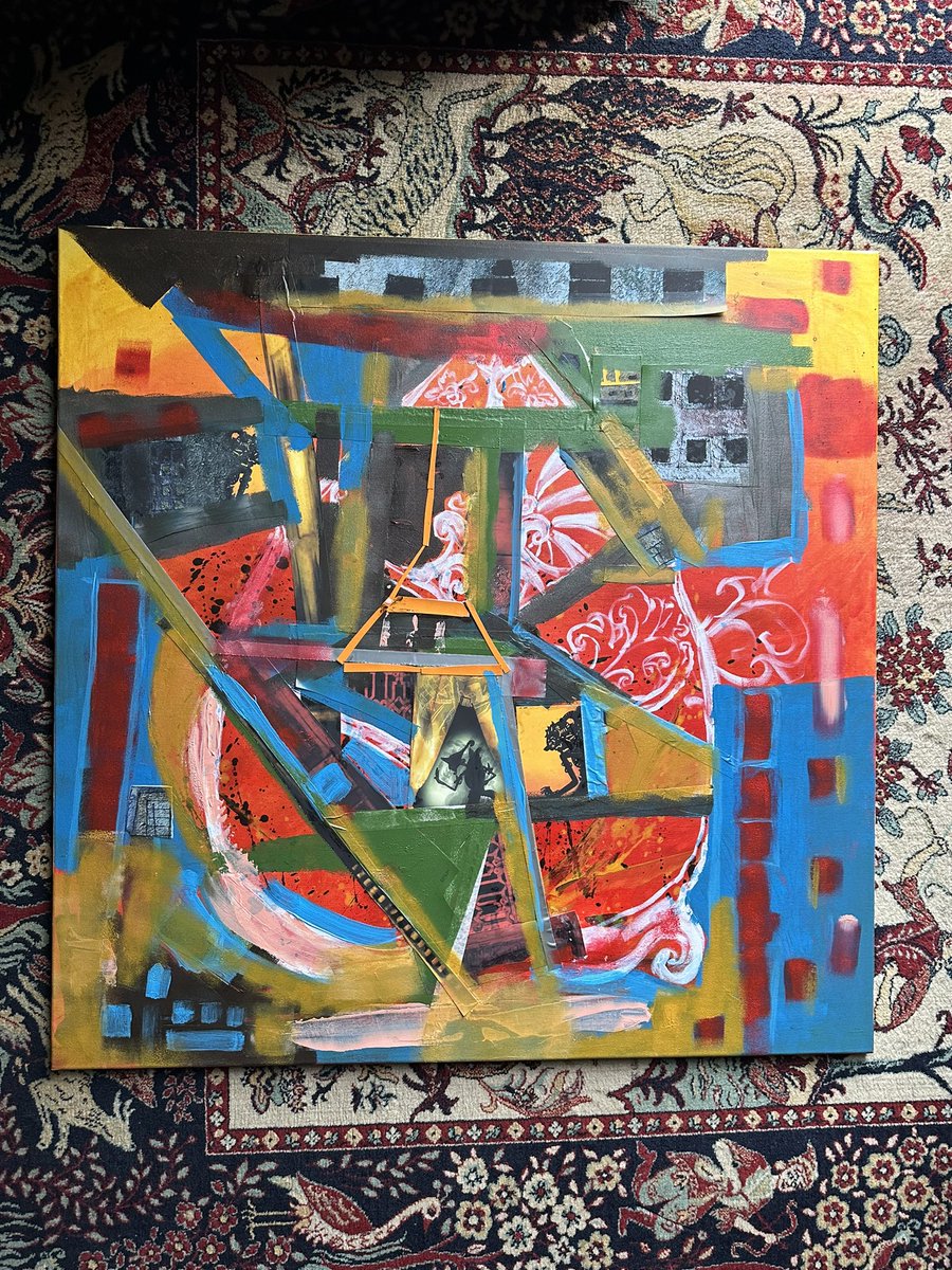 spacemanAmir's tweet photo. Another attempt on abstract art. Mixing it up with collages. Very chaotic for my taste but that’s the assignment. Small exercises to breakout of your comfort zone #art #abstract #practice https://t.co/z9lFvcUmQZ