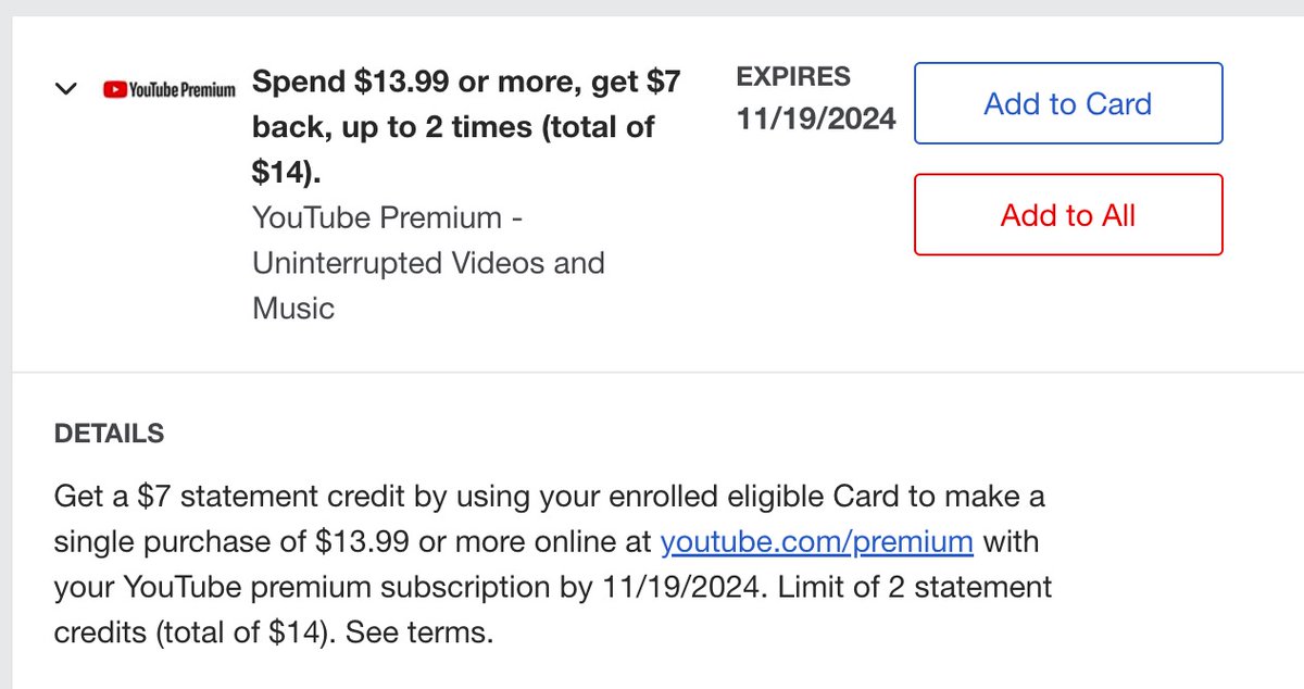 USCCStrategy's tweet photo. #AmExOffers: #YouTube premium subscription $13.99-$7 by 11/19/2024. Limit of 2 statement credits (total of $14).
Activated by #CardPointers+: https://t.co/vlSjmCF4ME https://t.co/0sGMwty5CJ