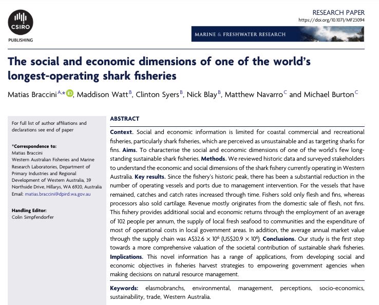 🚨 𝗡𝗘𝗪 𝗣𝗔𝗣𝗘𝗥 🚨 Published in Marine & Freshwater Research @CSIROPublishing & led by @Matias_Braccini 👇 This study aimed to characterise the social & economic dimensions of one of the world’s few long-standing sustainable shark fisheries Paper👉 publish.csiro.au/MF/MF23094