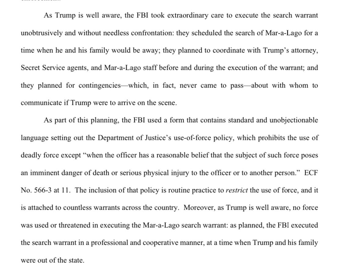 One thing notable in Jack Smith filing tonight. He never claimed that DOJ sought similar use of force guidance in Biden search—as Merrick Garland stated. Seems an odd oversight…