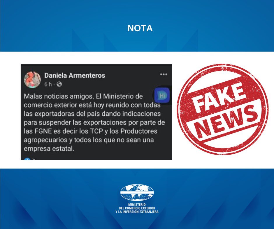 ‼️ Recientemente hemos conocido una información que ha estado circulando en redes sociales y otros medios una noticia falsa referida a la supuesta suspensión de las exportaciones por parte de las FGNE, que afectaría a todas las empresas que no sean estatales.