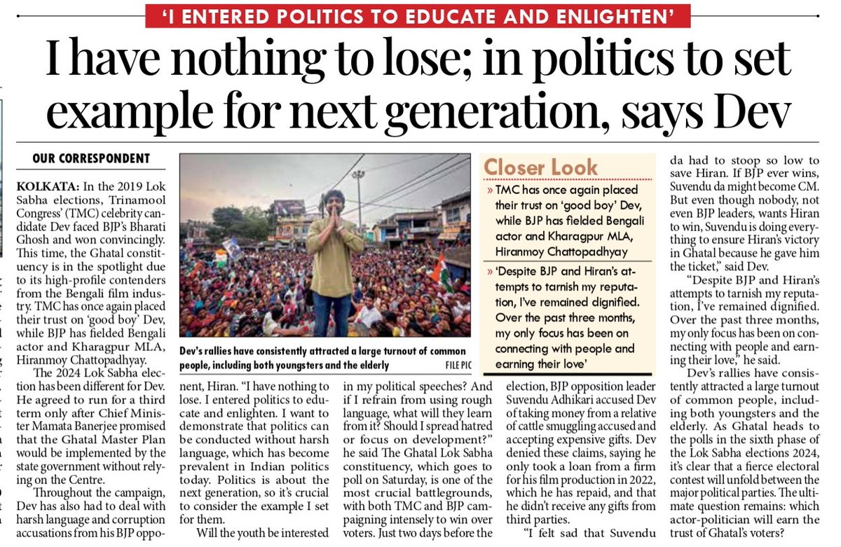 As Ghatal goes to the poll, @idevadhikari says he has nothing to lose, in politics to set an example for the next generation. #loksabhaelections24 Link: millenniumpost.in/amp/bengal/i-h…