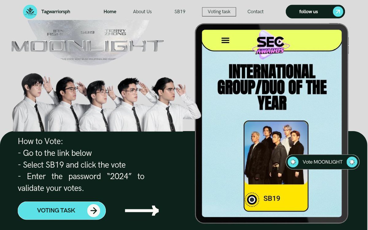 [⚔️] VOTING TASKS: SEC Awards (International Group/Duo of the Year) WE LOST OUR LEAD! Please also make time for this, Atin. Let's do better. How to vote: 1. Click the link below. 2. Select and vote for SB19. 3. Enter the password '2024.' 4. Refresh and vote again. *Votes are