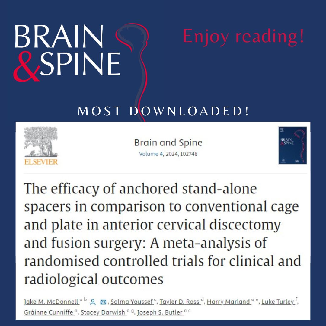 One of the most downloaded articles in the #BrainandSpine: The efficacy of anchored stand-alone spacers in comparison to conventional cage and plate in anterior cervical discectomy and fusion surgery. 
Read more ➡ bit.ly/49xRYG2 and join the conversation!