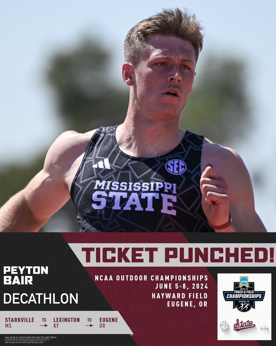 𝙏𝙄𝘾𝙆𝙀𝙏 𝙋𝙐𝙉𝘾𝙃𝙀𝘿 🎟️✈️ Eugene, Oregon

Peyton Bair punched his ticket in the decathlon, ranked No. 10 in the nation with 7730 pts!

#HailState🐶