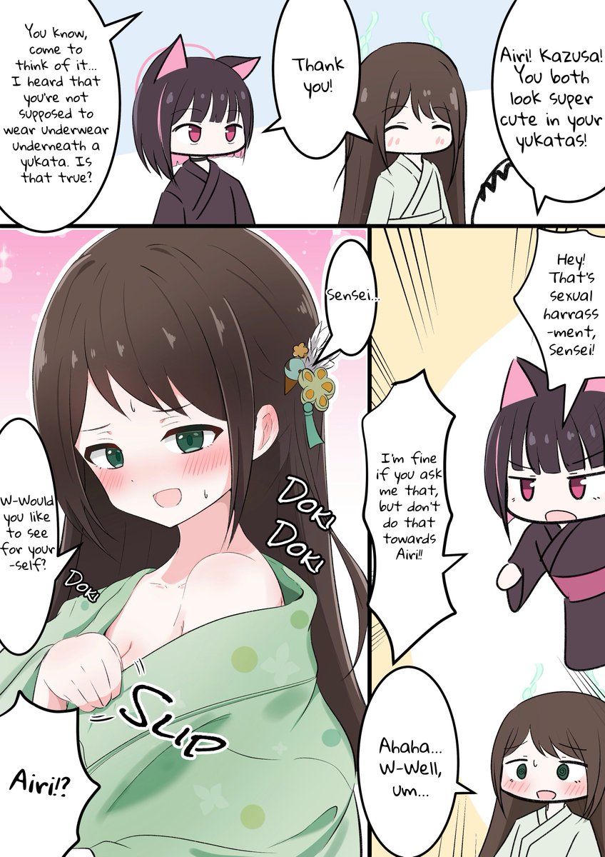 @kakapomilk EN Translation by @RagingAsn_ 
Artist Comment: Yukata Airi and Kazusa
I wonder what's inside!
The request was to draw Yukata Airi, and I received a ton💦

Airiiiiiiiii

英訳版です!
またね!