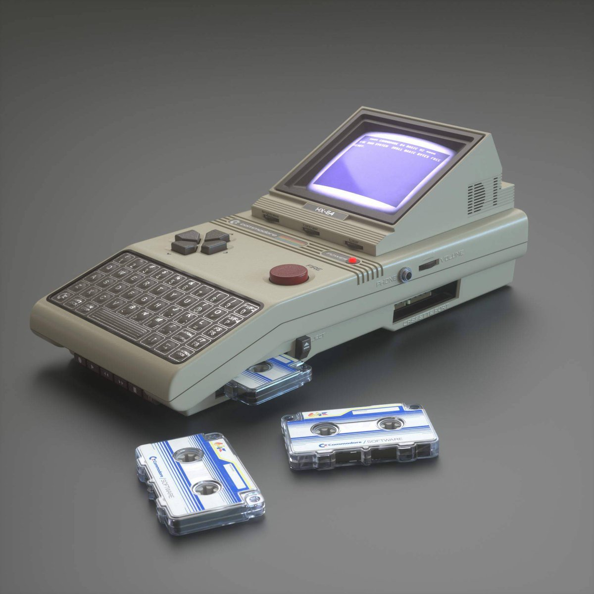 Handheld C64 Commodore HX-64: A 3D Rendering by Cem Tezcan of a handheld Commodore 64 that uses 'mini cassettes' to load programs or games.